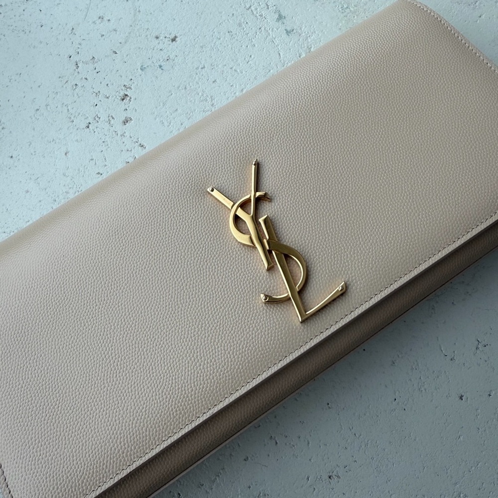 AUTHENTIC Saint Laurent Beige Clutch with Gold YSL Logo